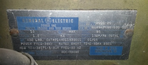 1200/2000 Amp, GENERAL ELECTRIC, PVV-2000-20, 5/15 KV, VB1 GROUND & TEST DEVICE