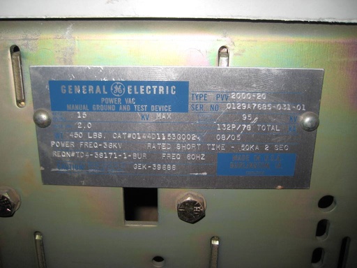 1200/2000 Amp, GENERAL ELECTRIC, PVV-2000-20, 5/15 KV, VB1 GROUND & TEST DEVICE