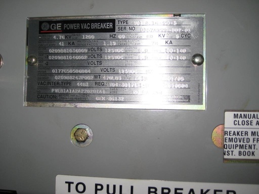 1200 Amp, GE, VB1-4.16-350-3, 4160 V., 2005, ML-18 MECH, 125VDC CL,CH,& TR, 41KA