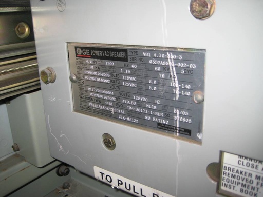1200 Amp, GE, VB1-4.16-350-3, 4160 V., 2005, ML-18 MECH, 125VDC CL,CH,& TR, 41KA