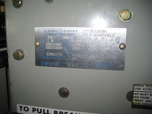 1200 Amp, GENERAL ELECTRIC, VB1-4.16-250-1, 5000 V., 125 VDC CLOSE & TRIP, ML-18