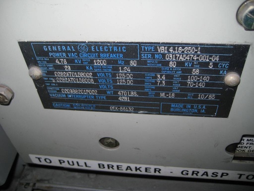 1200 Amp, GENERAL ELECTRIC, VB1-4.16-250-1, 5000 V., 125 VDC CLOSE & TRIP, ML-18