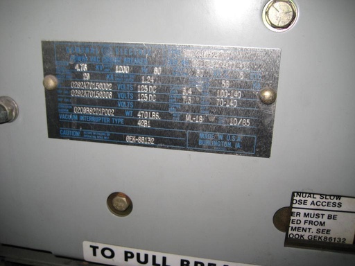 1200 Amp, GENERAL ELECTRIC, VB1-4.16-250-1, 5000 V., 125 VDC CLOSE & TRIP, ML-18