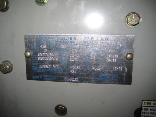 1200 Amp, GENERAL ELECTRIC, VB1-4.16-250-1, 5000 V., 125 VDC CLOSE & TRIP, ML-18
