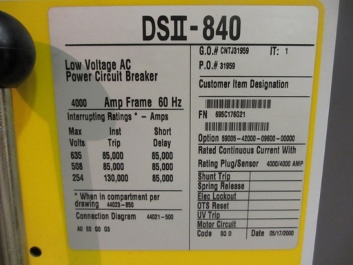 4000 Amp, SQUARE D, DSII-840, 480 V., M/O, D/O, RMS-810D LSI