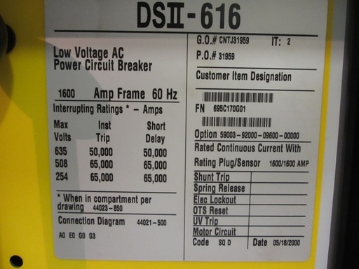 1600 Amp, SQUARE D, DSII-616, 480 V., 2000, M/O, D/O, RMS-810D LSI