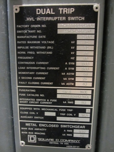 600 Amp, SQUARE D, No. HVL/FUSELOGIC, 15000 V., 2000, FUSED, INDOOR, 120V TRIP:1