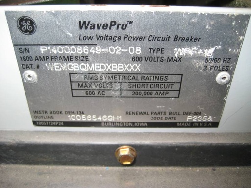 1600 Amp, GENERAL ELECTRIC, WPF-16, 480 V., E/O, D/O, 48 VDC, BELL ALARM, LSIG