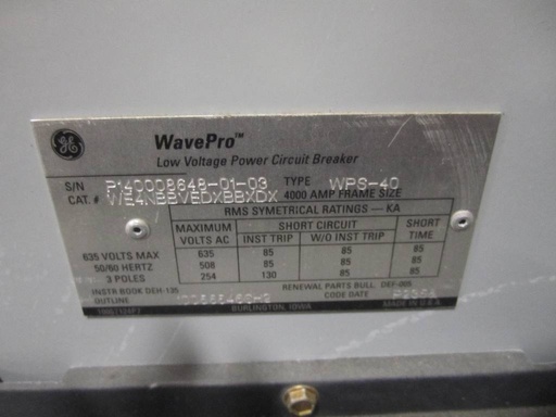4000 Amp, GENERAL ELECTRIC, WPS-40, 480 V., E/O, D/O, 48 VDC, BELL ALARM, LSG