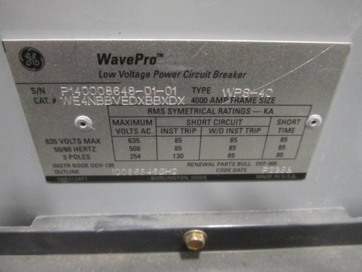 4000 Amp, GENERAL ELECTRIC, WPS-40, 480 V., E/O, D/O, 48 VDC, BELL ALARM, LSG