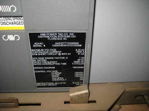 2000 Amp, ABB, ADVAC, 8.25 KV, 125 VDC CHARGE/CLOSE/OPEN, 41 KA:1