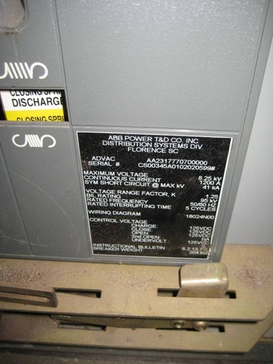 1200 Amp, ABB, ADVAC, 8.25 KV, 125 VDC CHARGE/CLOSE/OPEN, 41 KA:1