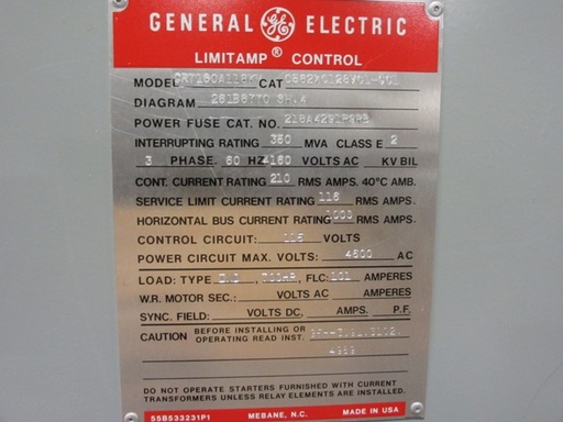 750 HP, 400 AMP, GE, 4800 V, INDOOR, FULL VOLTAGE, VACUUM, FUSED, CR7160A118KM