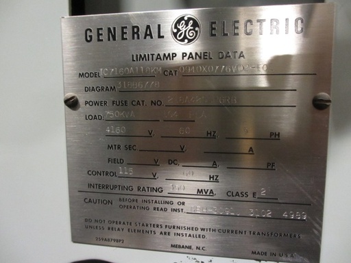 750 HP, 400 AMP, GE, 4800V, LATCHING, FULL VOLTAGE, VACUUM, FUSED, CR7160A118KM