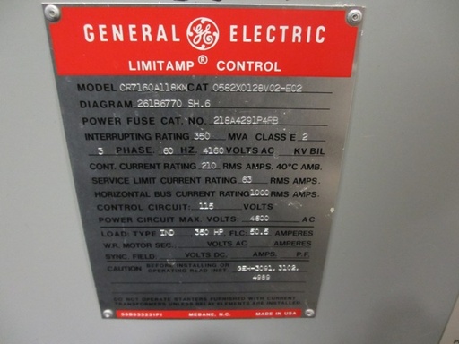 750 HP, 400 AMP, GE, 4800 V, INDOOR, FULL VOLTAGE, VACUUM, FUSED, CR7160A118KM