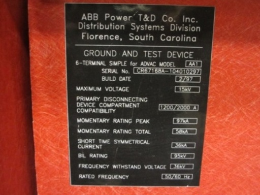 1200/2000 Amp, ABB, ADVAC AA1, 15000 V., GROUND & TEST DEVICE
