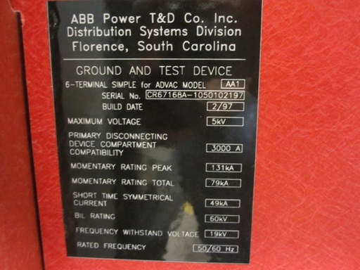 3000 Amp, ABB, ADVAC AA1, 5000/15000 V., GROUND & TEST DEVICE