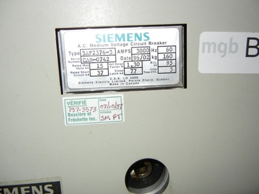 3000 Amp, SIEMENS, 3AF, 15 KV, 37 KA, VACUUM BREAKER, 125 VDC CLOSE & TRIP:1