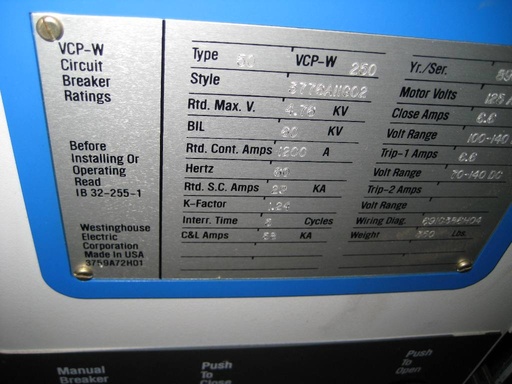1200 Amp, WESTINGHOUSE, 50VCP-W-250, 4160 V., 1989, EO/DO, 125VDC CL&TR, 29KA