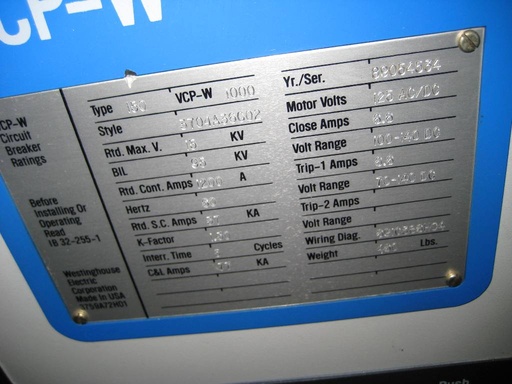 1200 Amp, WESTINGHOUSE, 150VCP-W1000, 15 KV, EO/DO, MOTOR 125V AC/DC: