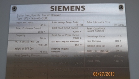 2000 Amp, SIEMENS, SPS-145-40-2000, 145 KV, 125 VDC CLOSE/TRIP/MOTOR