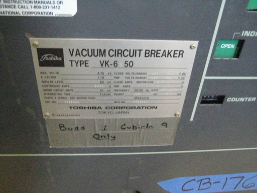 3000 Amp, TOSHIBA, VK-6Q50, 4760 V., 1988, 125 VDC CLOSE & TRIP, DRAW-OUT:1