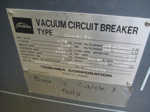 3000 Amp, TOSHIBA, VK-6Q50, 4760 V., 1988, 125 VDC CLOSE & TRIP, DRAW-OUT:1