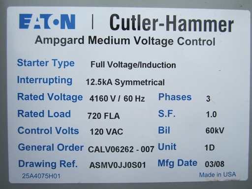 720 AMP, CUTLER HAMMER, 4160 VOLT, 2008, INDOOR, AMP-GUARD FULL VOLTAGE STARTER
