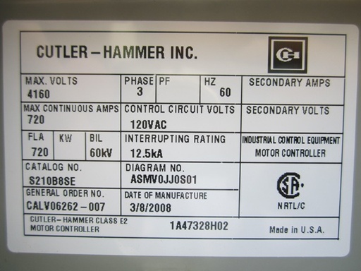 720 Amp, 4160 Volt, CUTLER HAMMER, SJ50V830, 2008, BOLT-IN, 120 VAC CONTROLS:1