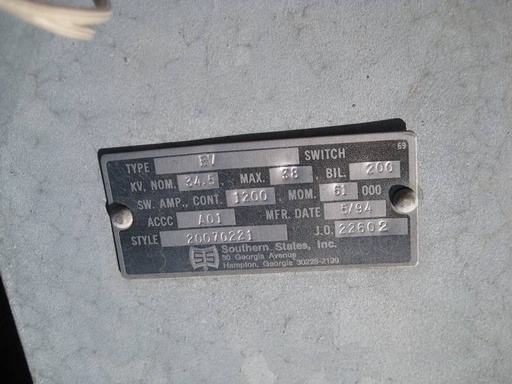 1200 Amp, SOUTHERN STATES, No. EV, 38 KV, 1994, 61KA, HORIZ OR VERT MOUNT, M/O