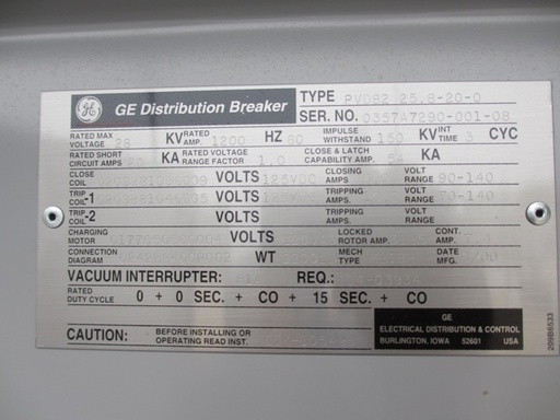 1200 Amp, GENERAL ELECTRIC, PVDB2 25.8-20-0, 28 KV, 2000, VACUUM, 125 VDC:1