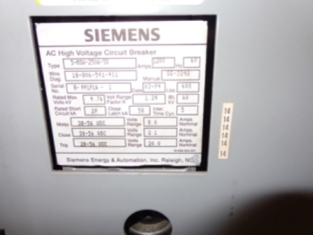 1200 Amp, SIEMENS, 5-MSV-250A-58, 4760 KV, 1994, VACUUM RETRO-FIT:1