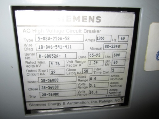 1200 Amp, SIEMENS, 5-MSV-250A-58, 4760 KV, 1994, VACUUM RETRO-FIT:1