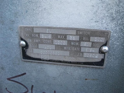 1200 Amp, SOUTHERN STATES, No. EV, 38000 V., 1997, VT MT-HZ BK, 61KA