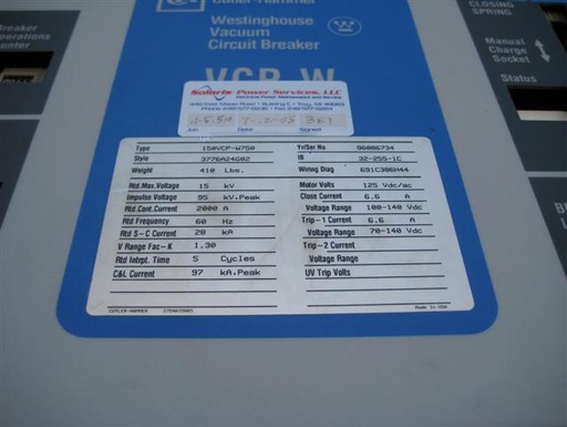 2000 Amp, CUTLER HAMMER, 150VCP-W750, 15 KV, 1996, 125VDC CL/TR/MT, EO/DO, 28KA