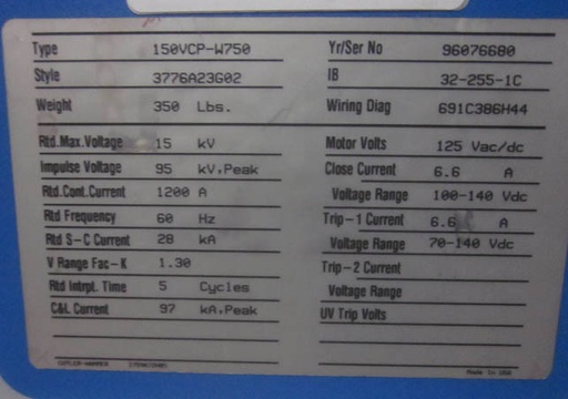 1200 Amp, C.H./WEST, 150VCP-W750, 15 KV, 1996, 125VDC CL/TR/MT, EO/DO, 28KA