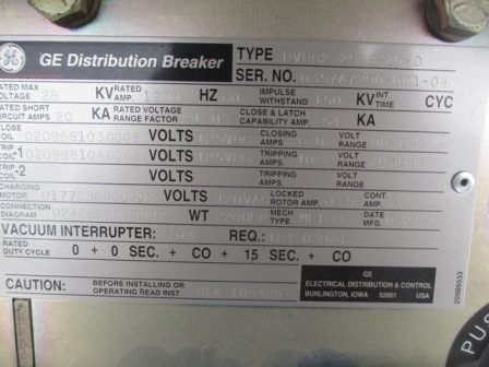 1200 Amp, GENERAL ELECTRIC, PVDB2 25.8-20-0, 28 KV, 125 VDC CLOSE & TRIP