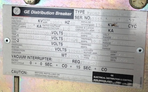 1200 Amp, GENERAL ELECTRIC, PVDB2 25.8-20-0, 28 KV, 125 VDC CLOSE & TRIP