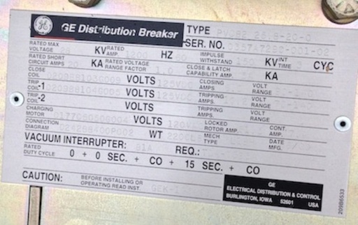 1200 Amp, GENERAL ELECTRIC, PVDB2 25.8-20-0, 28 KV, 125 VDC CLOSE & TRIP