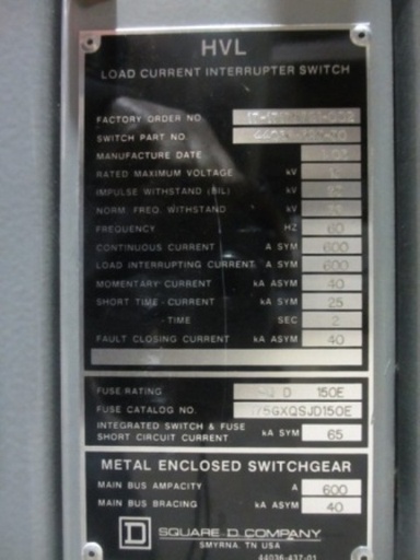 600 Amp, SQUARE D, No. HVL, 15000 V., 2003, INDOOR, LOAD INTERRUPTER SWITCH:1