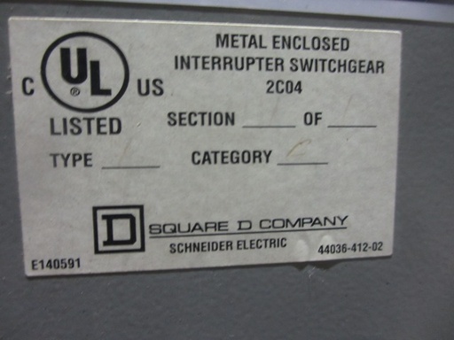 600 Amp, SQUARE D, No. HVL, 15000 V., 2003, INDOOR, LOAD INTERRUPTER SWITCH:1