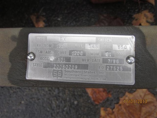 1200 Amp, SOUTHERN STATES, No. EV, 145000 V., M/O, HZ MT - VT BK, 61KA