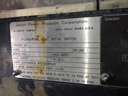 600 Amp, JOSLYN, No. PUFFERPACK SFG6-32-15, 15500 V., 1995, LOAD BREAK SWITCH:1