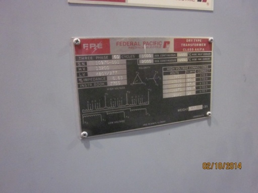 1500/2000 KVA, Pri 13200 D, Sec 480Y/277, FEDERAL PACIFIC, INDOOR, DRY:1