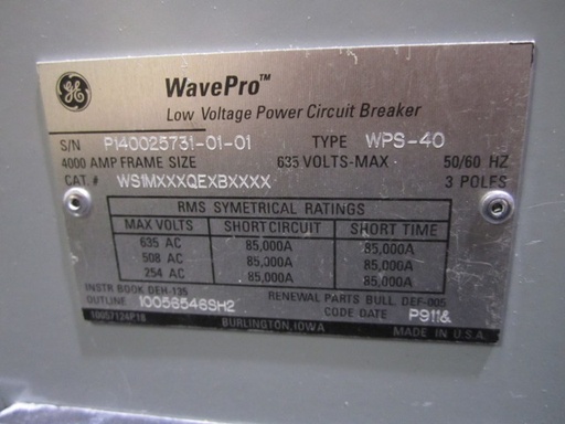 4000 Amp, GENERAL ELECTRIC, WPS-40, 635 V., 120 VAC CLOSE & TRIP