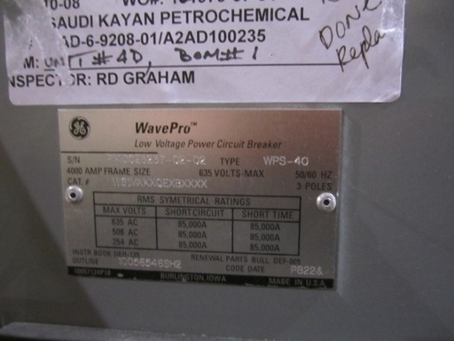 4000 AMP GENERAL ELECTRIC, WPS-40, 635 V., 125 VDC CLOSE & TRIP
