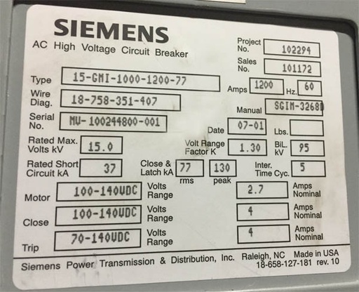 1200 Amp, SIEMENS, 15-GMI-1000-1200-77, 15 KV, 2001, 125 VDC, D/O:1