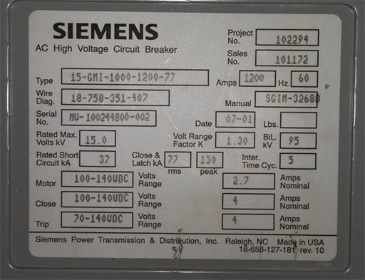 1200 Amp, SIEMENS, 15-GMI-1000-1200-77, 15 KV, 2001, 125 VDC, D/O:1