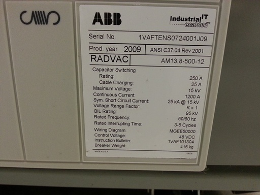 1200 Amp, ABB, RADVAC, 13.8 KV, 2009, VAC RETRO-FIT FOR AM13.8-500-12, 48 VDC:1
