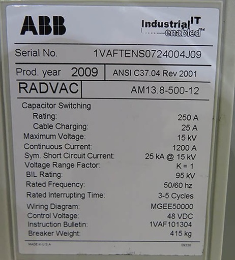 1200 Amp, ABB, RADVAC, 13.8 KV, 2009, VAC RETRO-FIT FOR AM13.8-500-12,125 VDC:1